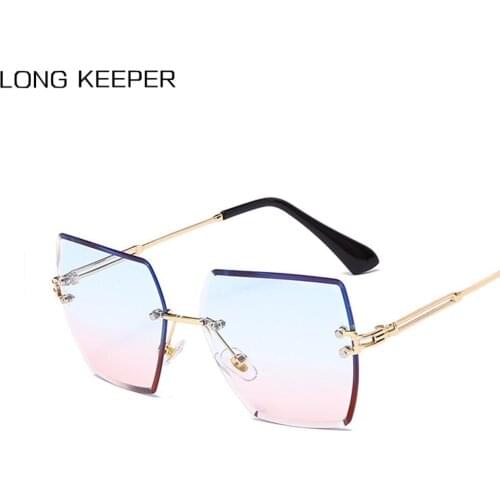 LongKeeper Square Rimless Sunglasses Women Brand Designer Gradient Lens Sun Glasses Fashion Blue Pink Eyewear Oculos De Sol
