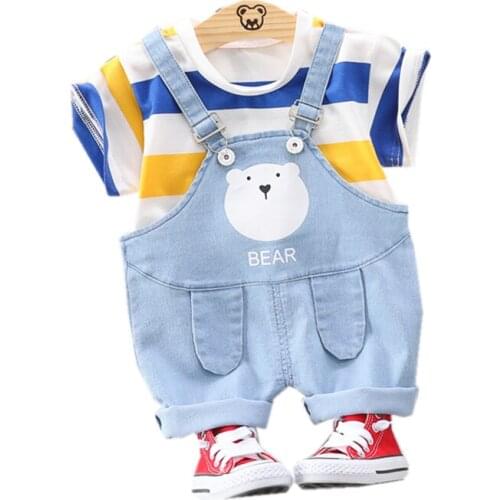 Fashion New Summer Baby Girl Clothes Children Boy Cotoon Striped T Shirt Overalls 2Pcs/set Toddler Casual Costume Kids Tracksuit