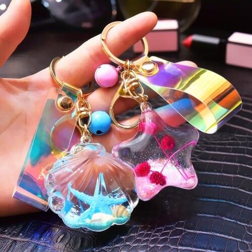 Cartoon Creative Liquid Quicksand Sequin Keychain Acrylic Starfish Shell Keychain Girl Bag Car Laser Leather Rope Pendant Gift