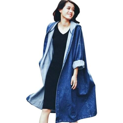 New Women Long Denim Trench Coats Spring Autumn Solid Loose Hooded Open Stitch Casaco Bat Sleeved Windbreaker Coat Outwear Mw332