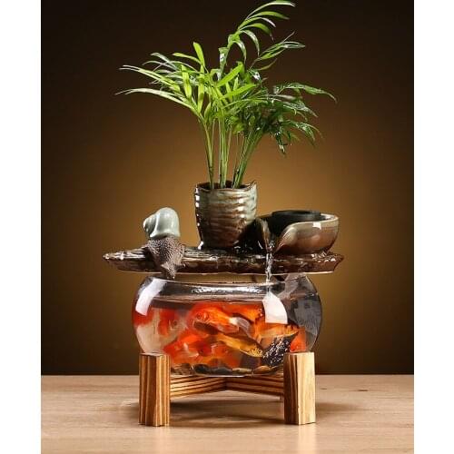 New Chinese style A small glass fish tank Circulating water fortune Transport bead Desktop furnishing articles Zen garden