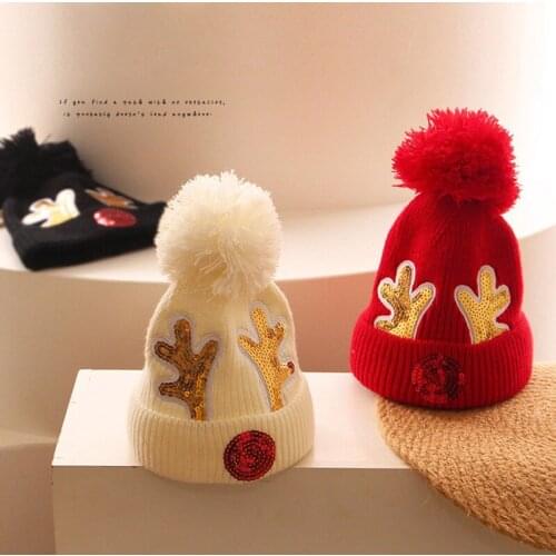 Cartoon Christmas Antlers Baby Hat Winter Warm Kids Girl Boy Cap Beanie Big Pompom Knitted Kids Children Hat