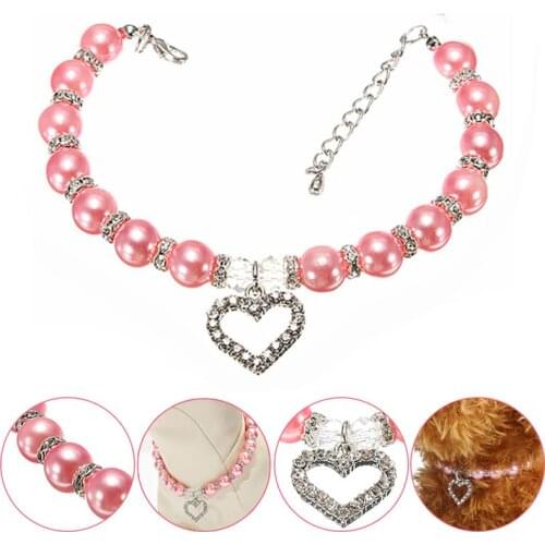 Pet Pink Collar Rhinestone Pearl Chain Princess Collars Fake Pearl Heart Decor Dog Collar Pet Necklace Collar For Dogs Cats