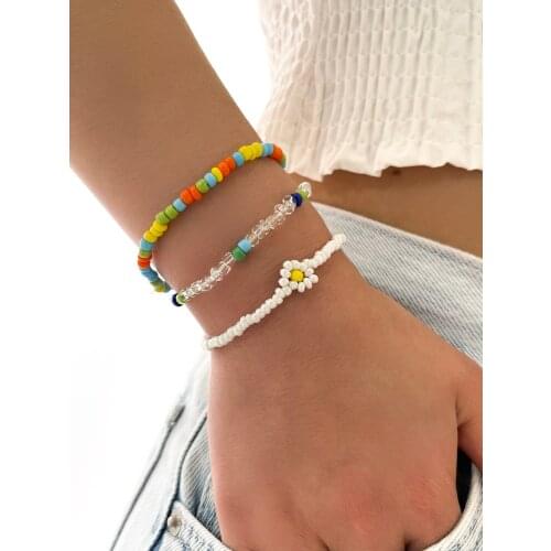 Stillgirl 3Pcs Boho Multi Color Beaded Chain Flower Bracelet for Women Kpop Geometric Set Female Cute Fashion Jewelry Pulseras