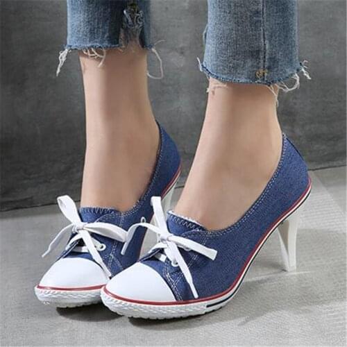 Size 34-41 Pumps Denim High Quality Shallow Mouth Womens Shoes High Heel 8CM Canvas Student Shoes Female New Board Shoes
