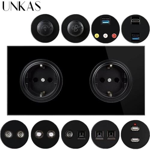 UNKAS Dual EU Black Glass Panel Socket+ Dimmer Fan Regulator Switch HDMI-Compatible USB TV RJ45 Internet RJ11 Telephone Outlet