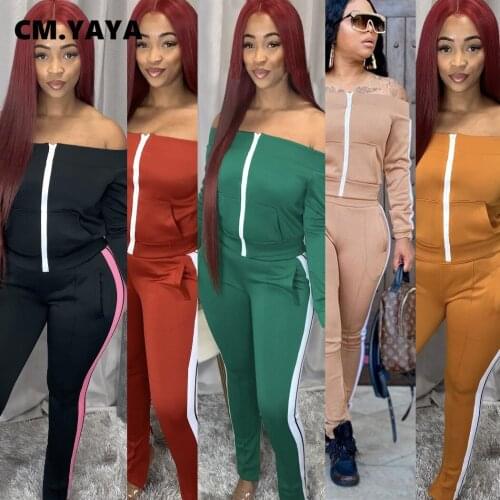 CM.YAYA Autumn Womens Set Zipper Slash Neck Tops Jogger Pants Set Active Matching Tracksuit Two Piece Fitness Outfit Set