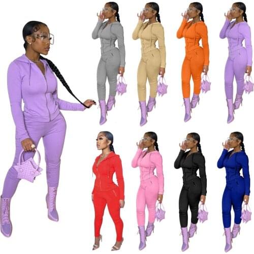 Spring Autumn Two Piece Set Women Hooded Long Sleeve Zipper Sporty Jacket Coat+jogger Sweatpant Matching Set Stretchy Tracksuit