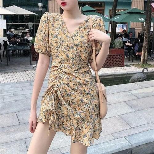 2021 Woman Beach Dress Boho Floral Ruffle Short Mini Dress Summer Knot Sexy V-Neck Party Holiday Dresses Femme vestido de mujer