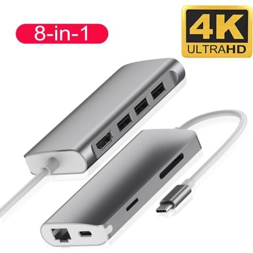 For MacBook Laptop Type C To HDMI-compatible 4K Monitor Adapter RJ45 Lan Ethernet SD TF Card Reader USB 3.0 HUB Video Converter