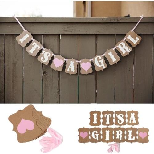 Baby Shower Its A Girl Boy Heart Garland Bunting Banner. Vintage Rustic Party Decorations, Kraft Paper Photo Props. Party Favor