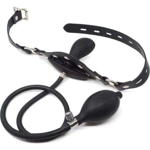 Sex Bondage Rubber Inflatable Ball Gag and Pump with Studded Leather Head Harness Rubber Balloon Kinky Fetish Restraint Toy