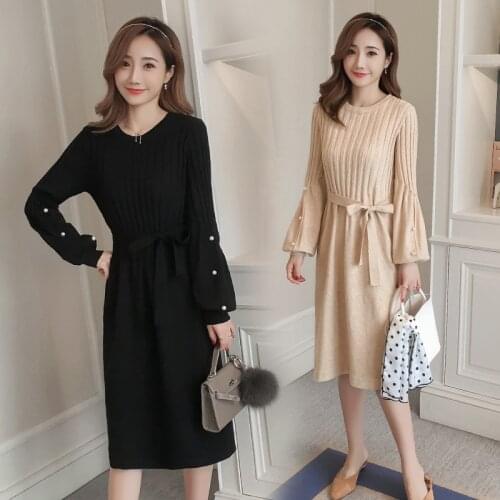 Elastic slimming knitted nursing dress Beading lantern sleeve breastfeeding dress Autumn Winter 2019 fashion postpartum women