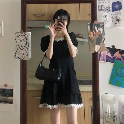 Hot Girl Puff Sleeve Square Neck Black Girl Summer Dress 2021 New Girl Little Black Dress Design Short Skirt