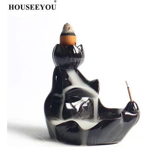 HOUSEEYOU Glazed Surface Black Lotus Backflow Incense Burner Ceramic Stick Waterfall Incense Holder Aromatherapy Censer