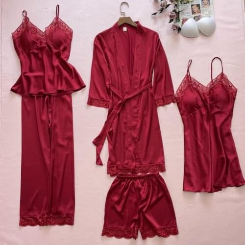 Summer Women 5PCS Rayon Robe Gown Sets Sweet Lace Floral Trim Kimono Bathrobe Nightgown Sleepwear Nightwear Lounge Home Clothes