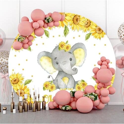 Laeacco Baby Shower Yellow Background Elephant Yellow Sunflower Birthday Party Customized Photo Background Photographic Backdrop
