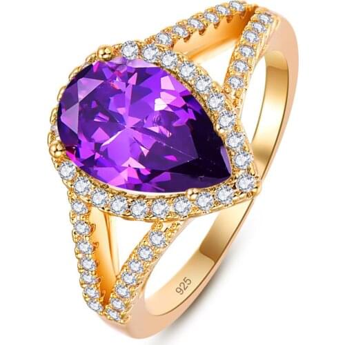 Lingmei ExquisiteSilver ColorWedding Rings Pear Cut Purple Blue Zircon Fashion Yellow GoldRing Size 6 7 8 9 Gorgeous Gift