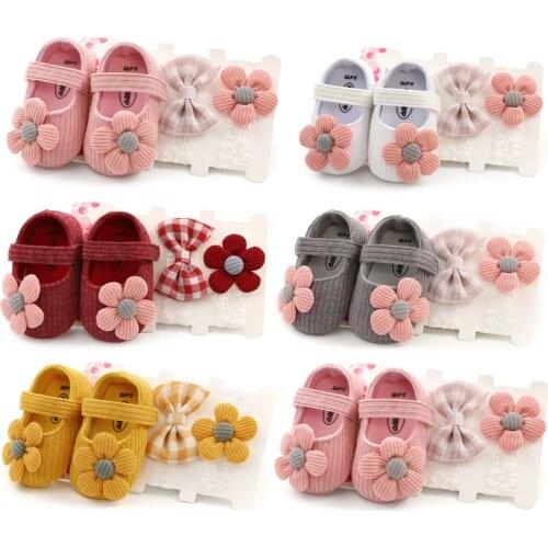 0-18M Newborn Baby Girls Boys Crib Shoes Cotton Flowers Hook Soft Cork Baby Shoes 6 Colors+Headband