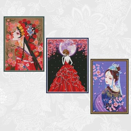 Pretty Lady on Moonlit Night Cross-Stitch 11CT 14CT Printed Canvas DIY Handwork Cross Stitch Kits Beginner Embroidery Needlework