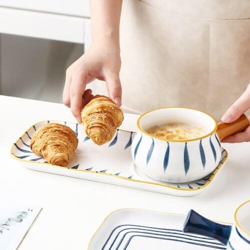 Breakfast Bowl with Handle Bowl and Plate Set Ceramics Tableware Oatmeal Bowl Dessert Dish Bread and Milk Fruit Tableware Gift