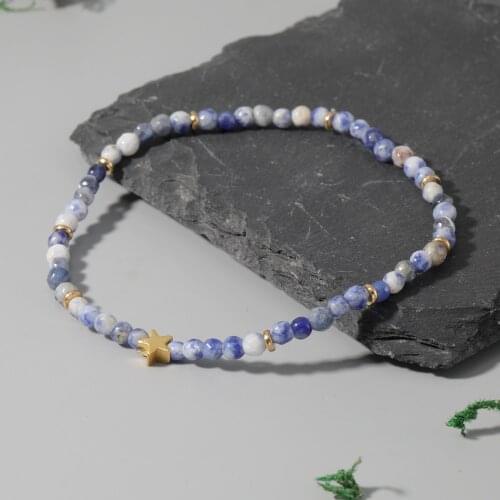 OAIITE Summer Fashion Bead Anklet Elasticity Adjustable Natural Stone Blue Spotted Stone Beach Women Anklet