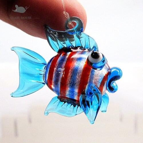 Floating blue glass fish Figurine bubble ball Aquarium Home Decor charm accessories Silver foil Art Sea Animals Collectible Gift