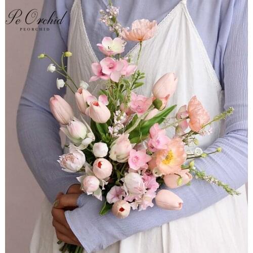 PEORCHID Romantic Pink BridalFlowers Wedding Bouquets Ramo Flores Artificiales Korean Style Outdoor Tulip Bridesmaids Bouquet