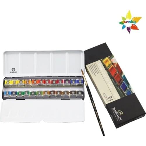 Royal Talens-Rembrandt Professional Water Colour, Metal Box of 24 Pans with Sable Brush, De Luxe Set Good transparency