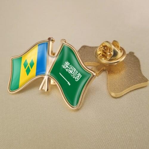 Saint Vincent and the Grenadines and Saudi Arabia Crossed Double Friendship Flags Lapel Pins Brooch Badges