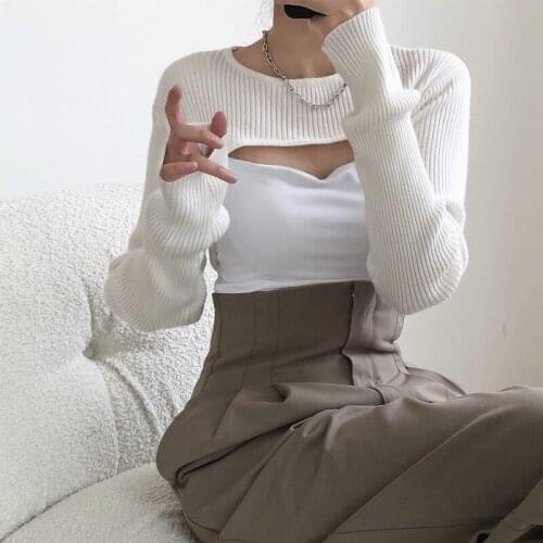 Spring and autumn womens casual solid color round neck long sleeve short sweater