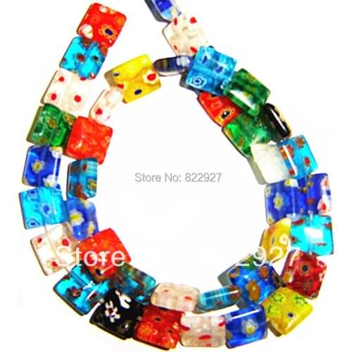 10mm millefiori glass puffed square beads multi strand,40 pieces/1 strand,1.2mm hole for jewelry use