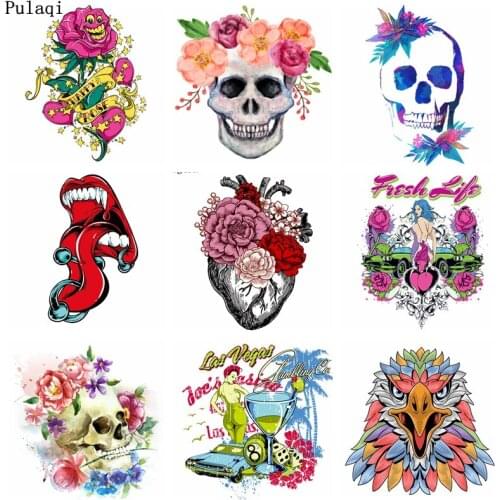 Pulaqi Flower Skull Rock Heat Transfer Vinyl Patch Iron on Transfer for Clothes Sticker Ironing Patch Thermal Applique Badge DIY