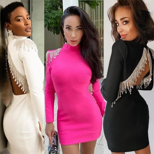 High Quality Black White And Rose-Red Sexy Tight, Backless, Long-Sleeved High Street Rayon Bandage Dress Fringed Dress