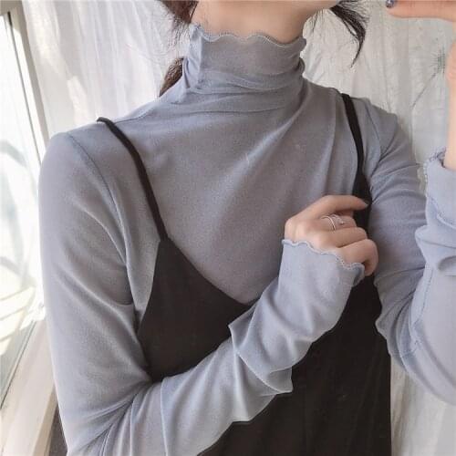 Wooden Ear Turtleneck Mesh Elastic Slimming Bottoming Shirt Top Womens Autumn Korean-Style Chic Heap Collar