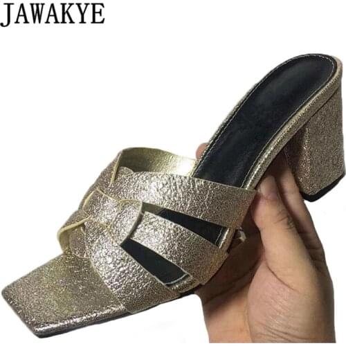 JAWAKYE Sequined Summer Slides Woman Square Toe Gloss Woven Leather Sandals Block Heel Dress Slippers Plus Size Woman Flipflops