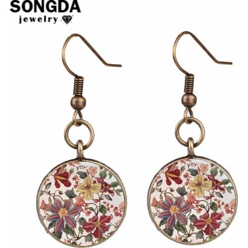 SONGDA Charm Retro Henna Flower Pattern Earrings Oorbellen Clear Glass Photo Cabochon Drop Earrings Mandala Buddhism Zen Jewelry