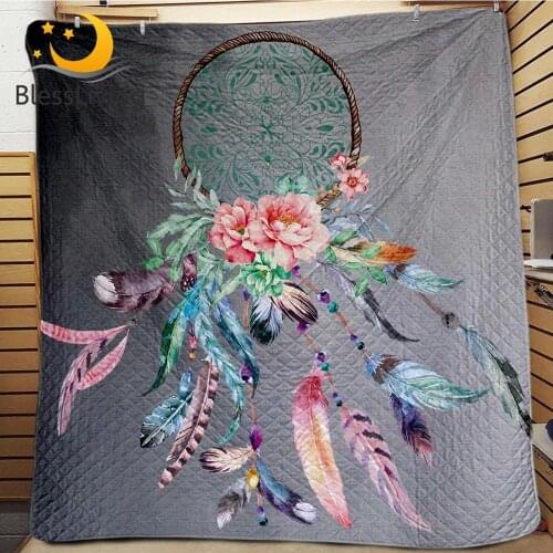 BlessLiving Floral Dreamcatcher Bed Quilt Queen Size Boho Summer Comforter 1pc Microfiber Bedding Bedspread Gray couette de lit