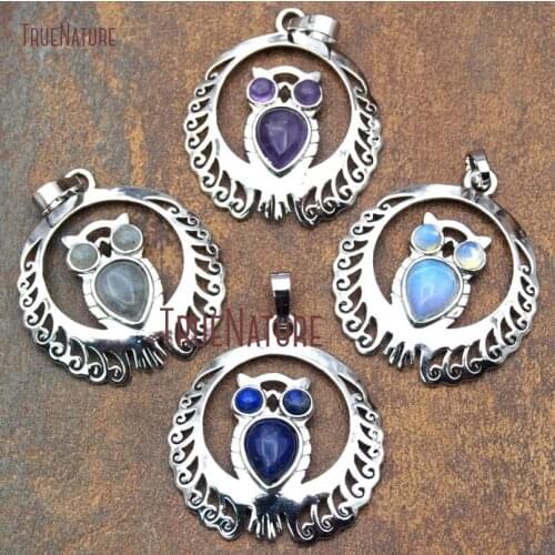 10Pcs Lapis Lazuli, Labradorite, Opal, Amethysts Pendant Silver Owl Pendant 38x34mm PM15371