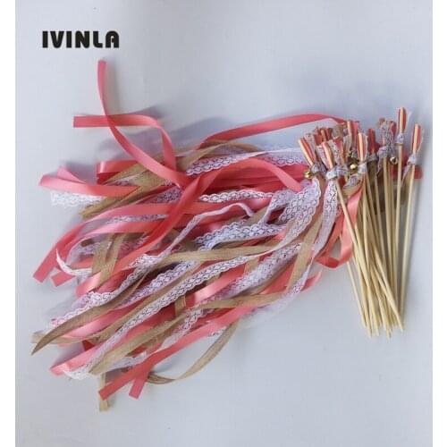 50pcs/lot Red jute Wedding Ribbon Wands with Sliver Bell for wedding decoration
