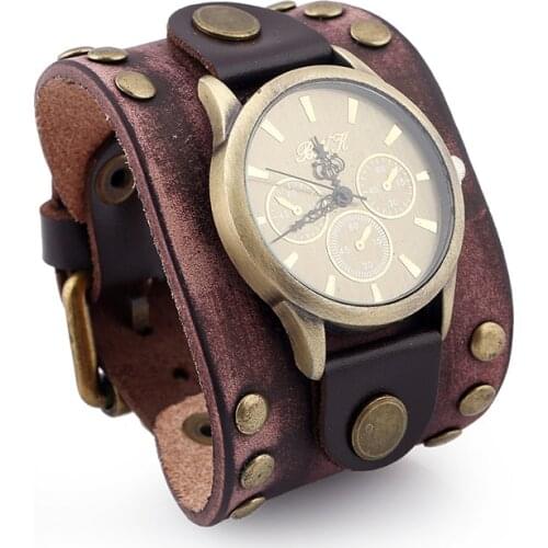 Retro Men Watches New Relojes Trend Style Decoration Wristwatch Male Punk Rock Brown Big Wide Leather Bracelet Cuff Men Watch