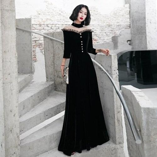 Evening Dresses Long 2020 Black Half Sleeve Velour Elegant Long Party Gowns High Neck
