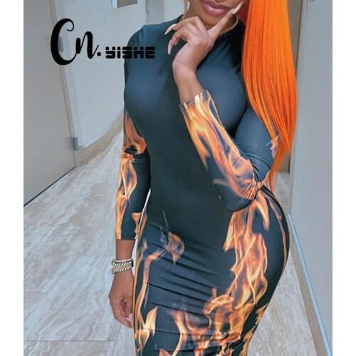 CNYISHE 2019 Fire Print Dress Women Regular Long Sleeve O-Neck Casual Outerwear Sexy Sheath Women Dresses Vestidos Robes Female