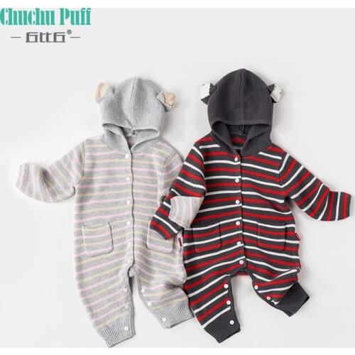 Baby Rompers Spring Autumn Long-sleeved Knitted Open Bodysuit Stripe Bodysuits 2020 Newborn Boy Girl Clothes Wool Knitting Cloth