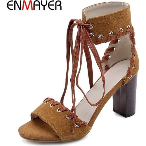 ENMAYER 2020 Synthetic Kid Suede Gladiator Luxury Shoes Women Designers Lace-Up Casual Sewing Cover Heel Fashion Women Sandals