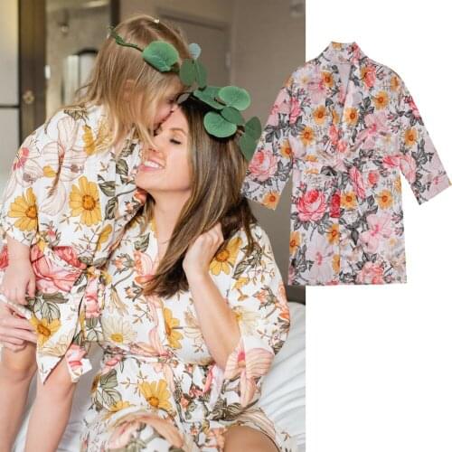 Women Pajamas Parent-Child Floral Bathrobe Family Mother Baby Girls Long Sleeve V-Neck Loose Lace-up High Waist Slimming Robe