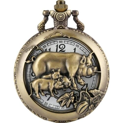 Chinese Zodiac Pig Pocket Watch Bronze Pendant Watch Half Hunter Necklace Fob Chain Pendant Retro Clock Unisex Gifts