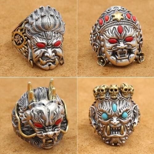 Real 925 Sterling Silver color Punk Rock Mens dragon skull animal God of wealth Ring Adjustable wholesale Silver jewelry Gifts