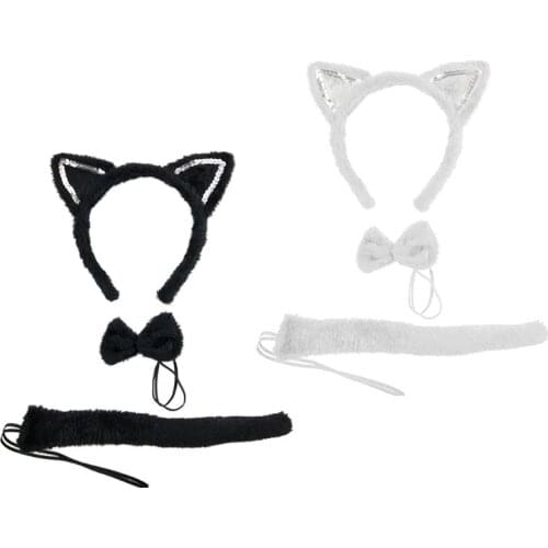 3 Pcs Festival Party Cat Ear Hair Hoop Tail Tie Set Halloween Christmas Women Girl Headband Costume Cosplay Headwear