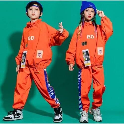 Hip Hop Dance Costume Girls Orange Tops Pants Boys Hip Hop Suit Street Jazz Show Stage Outfit Ballroom Dancing Clothes BL5522